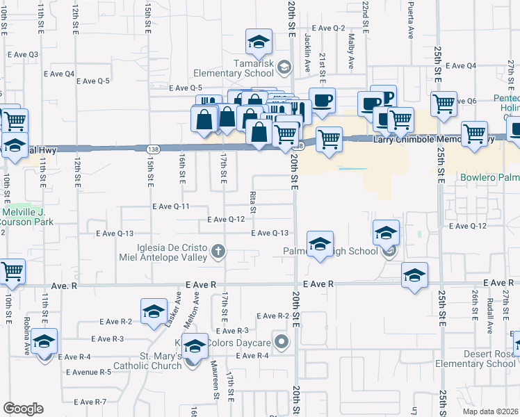 map of restaurants, bars, coffee shops, grocery stores, and more near 1802 East Avenue Q-11 in Palmdale