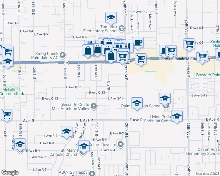 map of restaurants, bars, coffee shops, grocery stores, and more near 1802 East Avenue Q11 in Palmdale