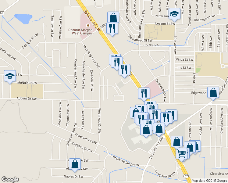 map of restaurants, bars, coffee shops, grocery stores, and more near 2222 Acadia Drive Southwest in Decatur
