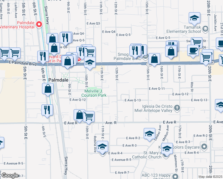 map of restaurants, bars, coffee shops, grocery stores, and more near 38225 12th Street East in Palmdale