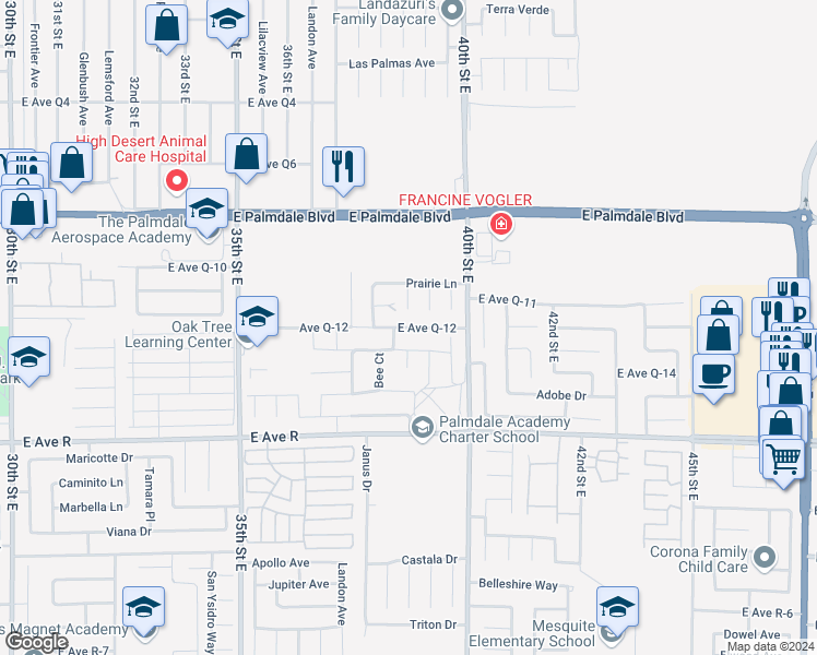 map of restaurants, bars, coffee shops, grocery stores, and more near 958 East Avenue Q12 in Palmdale