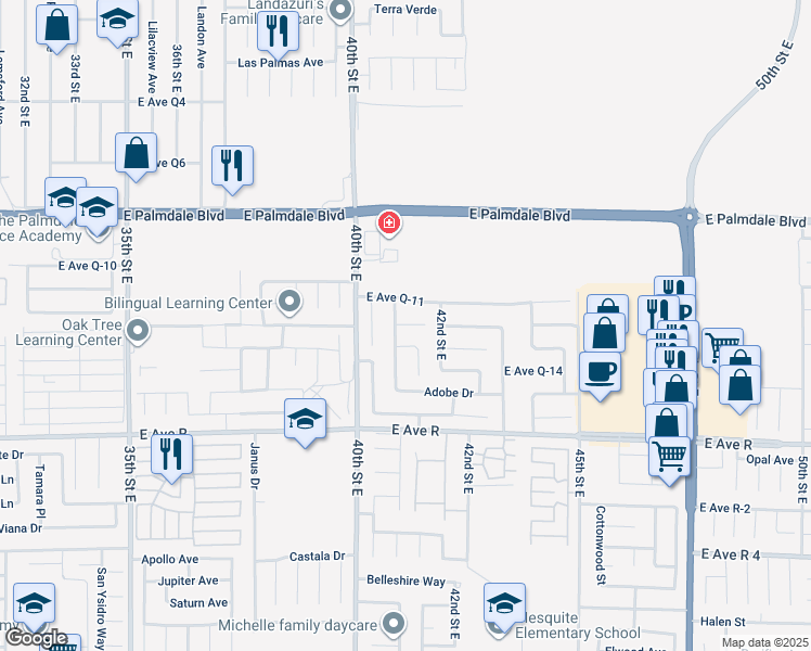 map of restaurants, bars, coffee shops, grocery stores, and more near 4068 East Avenue Q 12 in Palmdale