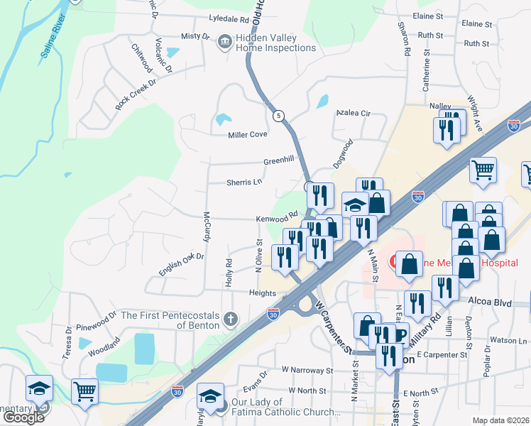 map of restaurants, bars, coffee shops, grocery stores, and more near 621 Kenwood Road in Benton