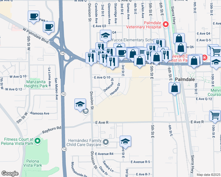 map of restaurants, bars, coffee shops, grocery stores, and more near 38226 Delacour Drive in Palmdale