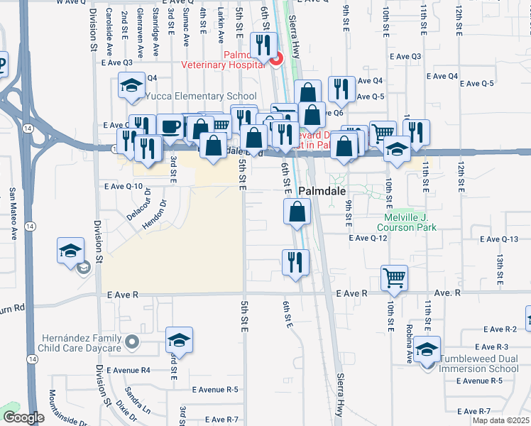 map of restaurants, bars, coffee shops, grocery stores, and more near 38260 5th Street East in Palmdale