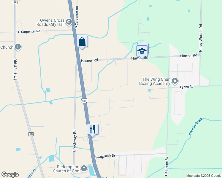 map of restaurants, bars, coffee shops, grocery stores, and more near 173 Honeysuckle Avenue in Owens Cross Roads