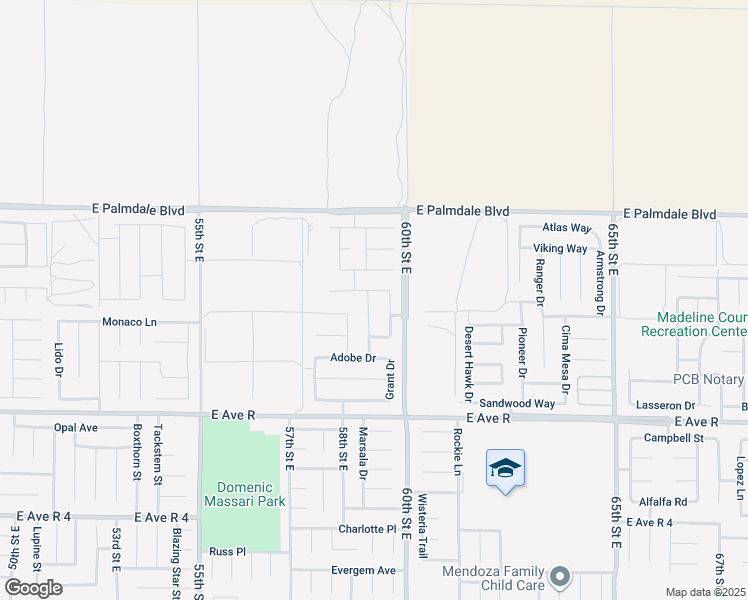 map of restaurants, bars, coffee shops, grocery stores, and more near 38224 Marsala Drive in Palmdale