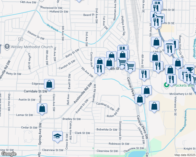 map of restaurants, bars, coffee shops, grocery stores, and more near 127 Austinville Road Southwest in Decatur