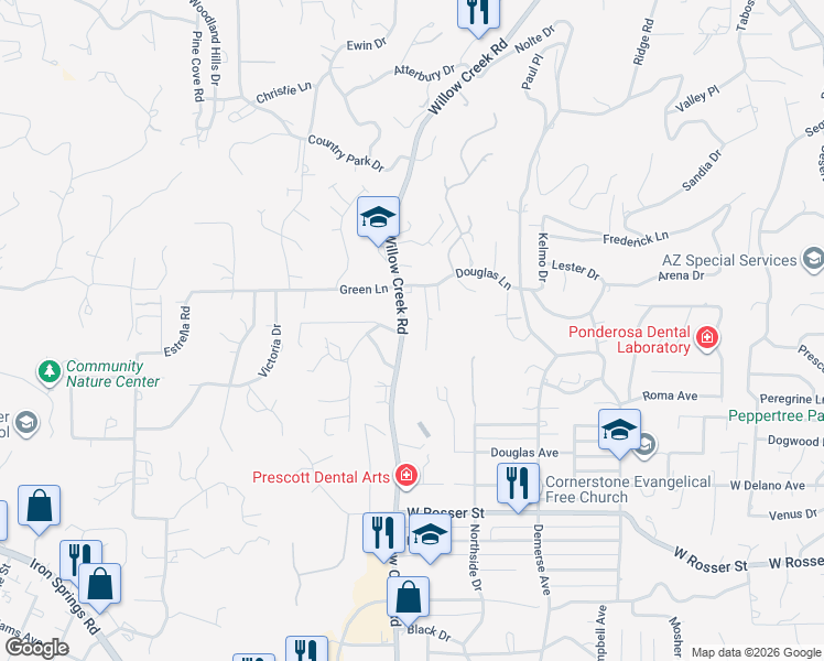 map of restaurants, bars, coffee shops, grocery stores, and more near 2041 Willow Creek Road in Prescott