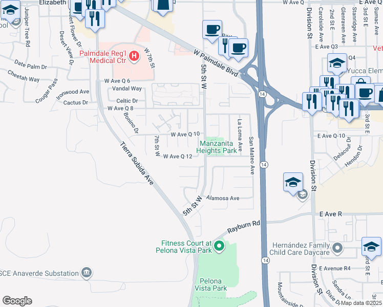 map of restaurants, bars, coffee shops, grocery stores, and more near 529 West Avenue Q 12 in Palmdale