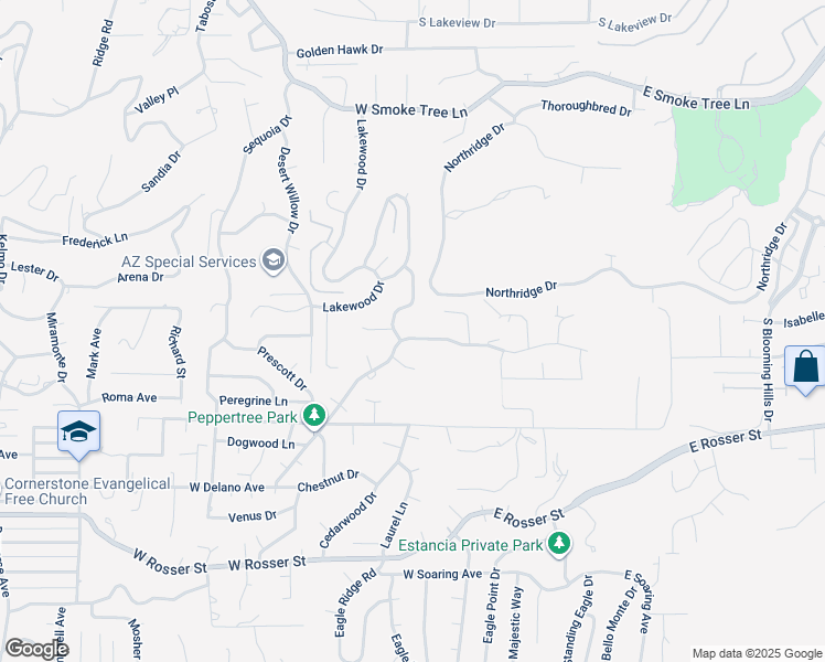 map of restaurants, bars, coffee shops, grocery stores, and more near 2111 Lynxwood Drive in Prescott