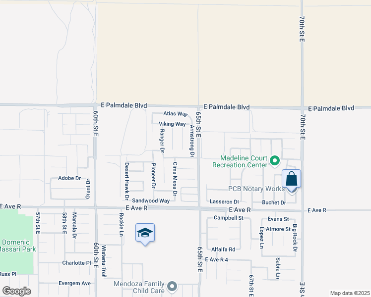 map of restaurants, bars, coffee shops, grocery stores, and more near 38223 Mariner Court in Palmdale