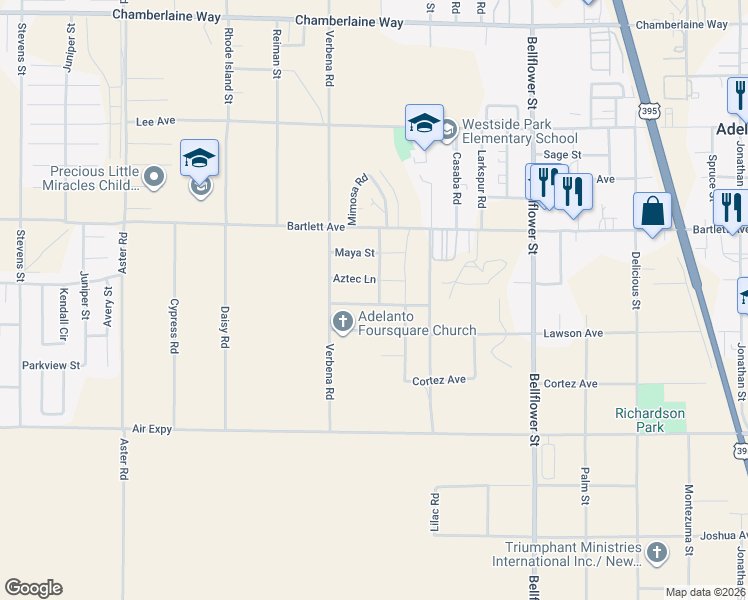 map of restaurants, bars, coffee shops, grocery stores, and more near 10911 Inca Avenue in Adelanto