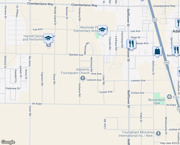 map of restaurants, bars, coffee shops, grocery stores, and more near 17926 Hermosa Road in Adelanto