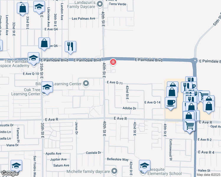 map of restaurants, bars, coffee shops, grocery stores, and more near 38150 Palms Place in Palmdale
