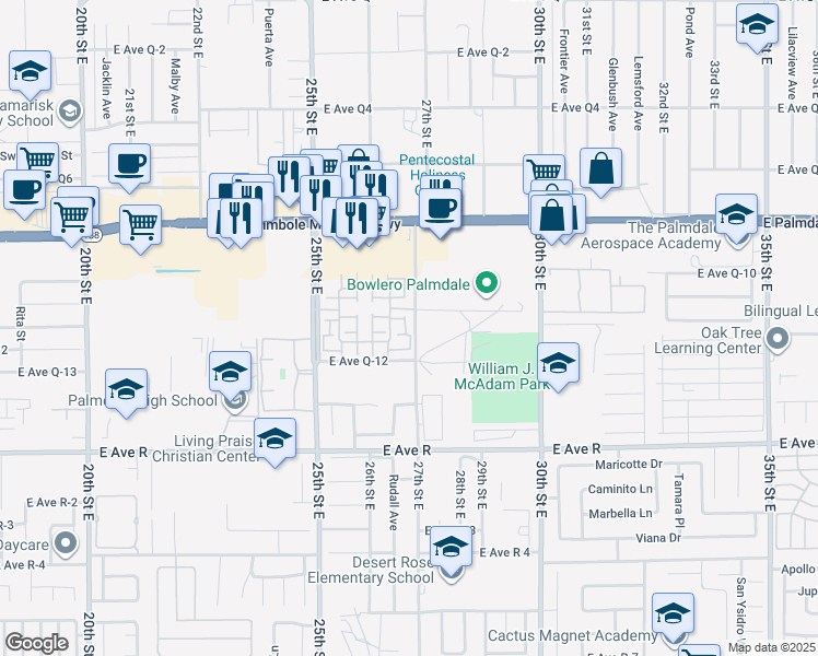 map of restaurants, bars, coffee shops, grocery stores, and more near 38210 Rioja Court in Palmdale