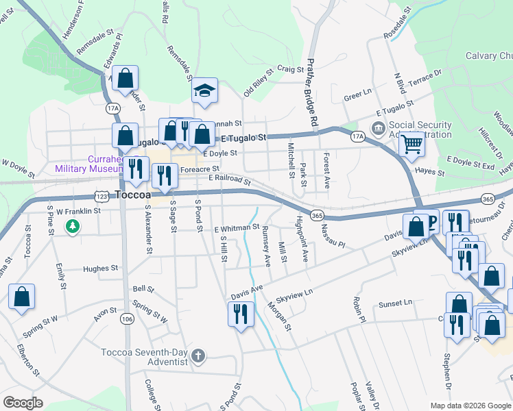 map of restaurants, bars, coffee shops, grocery stores, and more near 300 East Franklin Street in Toccoa