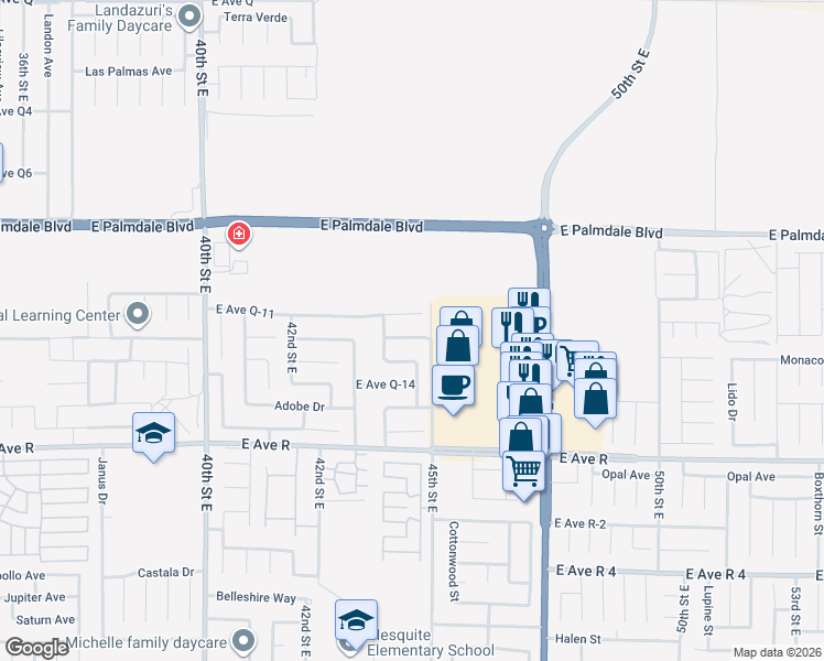 map of restaurants, bars, coffee shops, grocery stores, and more near 4356 East Avenue Q-12 in Palmdale