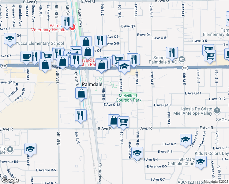 map of restaurants, bars, coffee shops, grocery stores, and more near 38235 East Avenue Q-11 in Palmdale