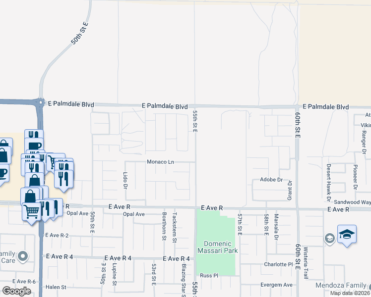 map of restaurants, bars, coffee shops, grocery stores, and more near 38175 Orchid Lane in Palmdale