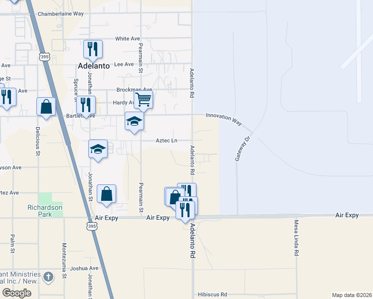 map of restaurants, bars, coffee shops, grocery stores, and more near 17960 Adelanto Road in Adelanto
