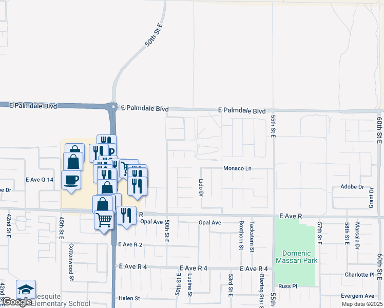 map of restaurants, bars, coffee shops, grocery stores, and more near 38181 Silver Avenue in Palmdale