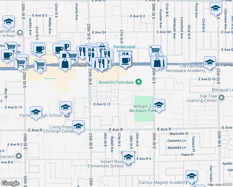 map of restaurants, bars, coffee shops, grocery stores, and more near 38210 Rioja Court in Palmdale