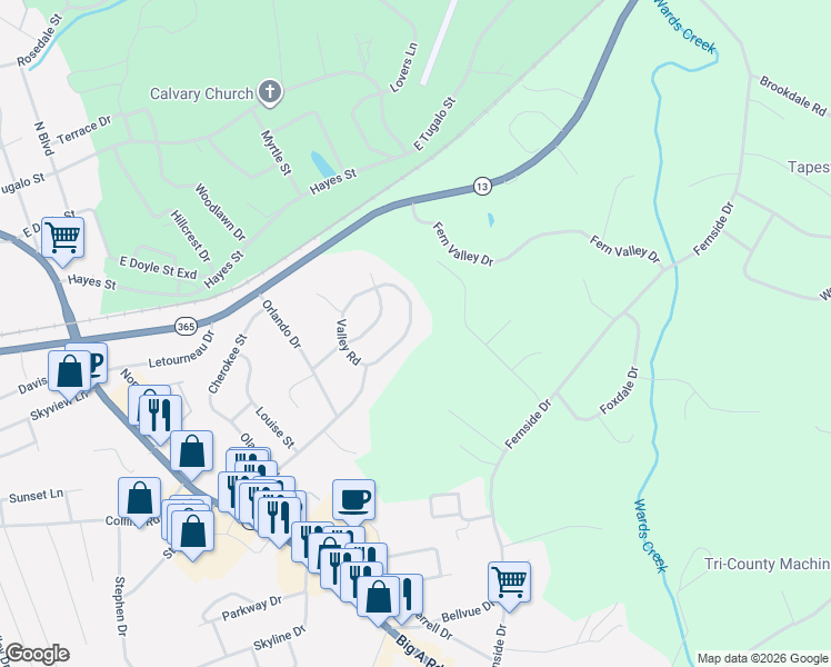 map of restaurants, bars, coffee shops, grocery stores, and more near 155 Valley Road in Toccoa