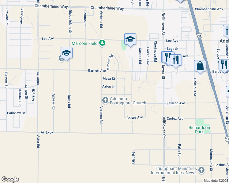 map of restaurants, bars, coffee shops, grocery stores, and more near 17928 Hermosa Road in Adelanto