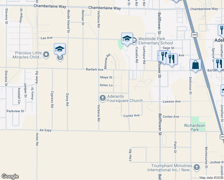 map of restaurants, bars, coffee shops, grocery stores, and more near 10911 Inca Avenue in Adelanto