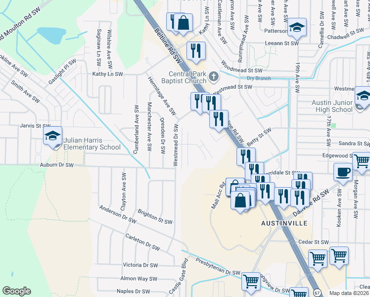 map of restaurants, bars, coffee shops, grocery stores, and more near 2186 Westbury Court Southwest in Decatur