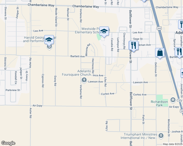 map of restaurants, bars, coffee shops, grocery stores, and more near 17928 Hermosa Road in Adelanto