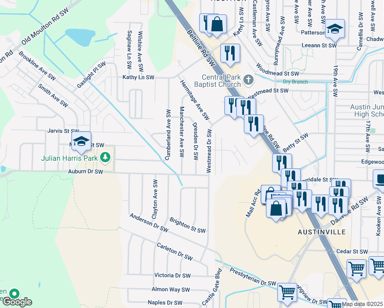 map of restaurants, bars, coffee shops, grocery stores, and more near 1924 Manchester Avenue Southwest in Decatur