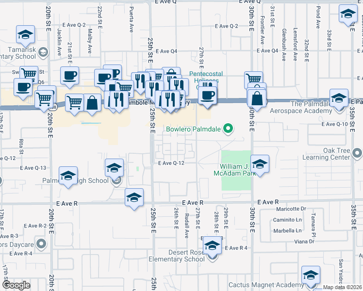 map of restaurants, bars, coffee shops, grocery stores, and more near 2614 Bellevue Way in Palmdale
