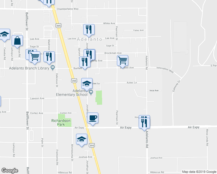 map of restaurants, bars, coffee shops, grocery stores, and more near 11863 Aztec Lane in Adelanto