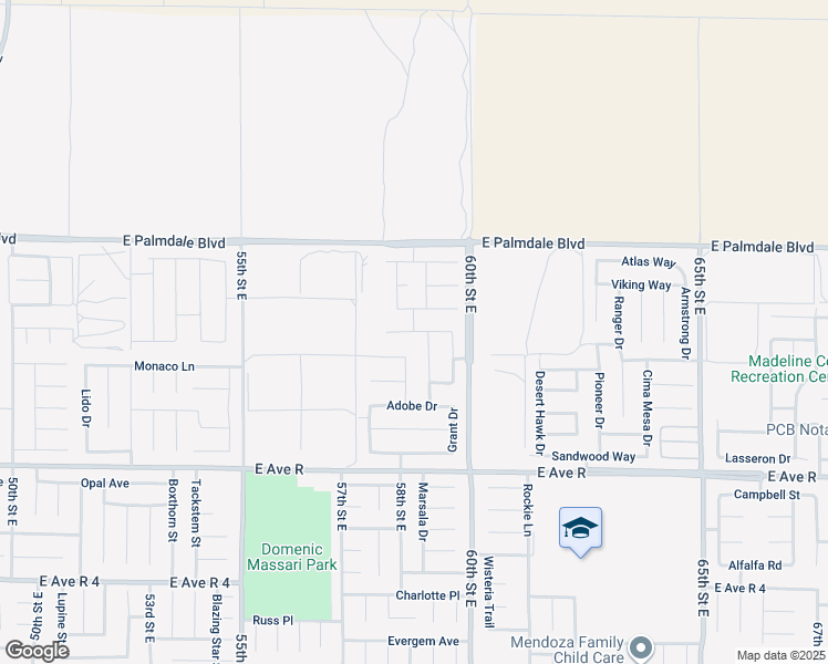 map of restaurants, bars, coffee shops, grocery stores, and more near 58th Street East in Los Angeles County