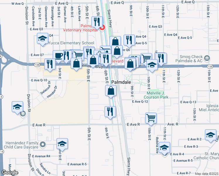 map of restaurants, bars, coffee shops, grocery stores, and more near 38240 6th Street East in Palmdale