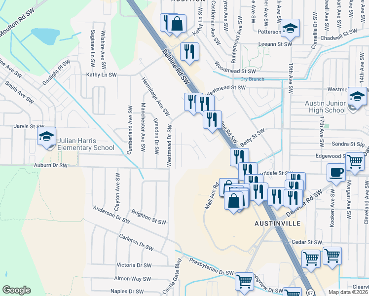 map of restaurants, bars, coffee shops, grocery stores, and more near 2186 Westbury Court Southwest in Decatur