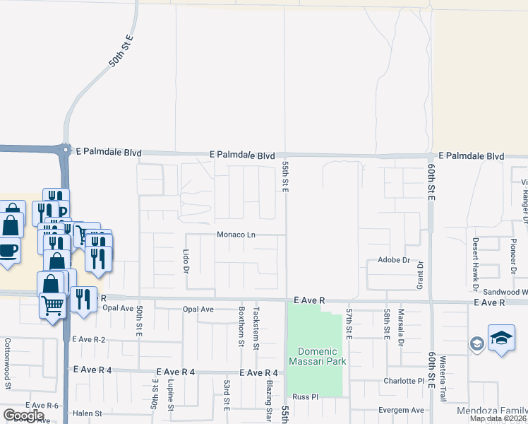 map of restaurants, bars, coffee shops, grocery stores, and more near 38182 Fuschia Lane in Palmdale
