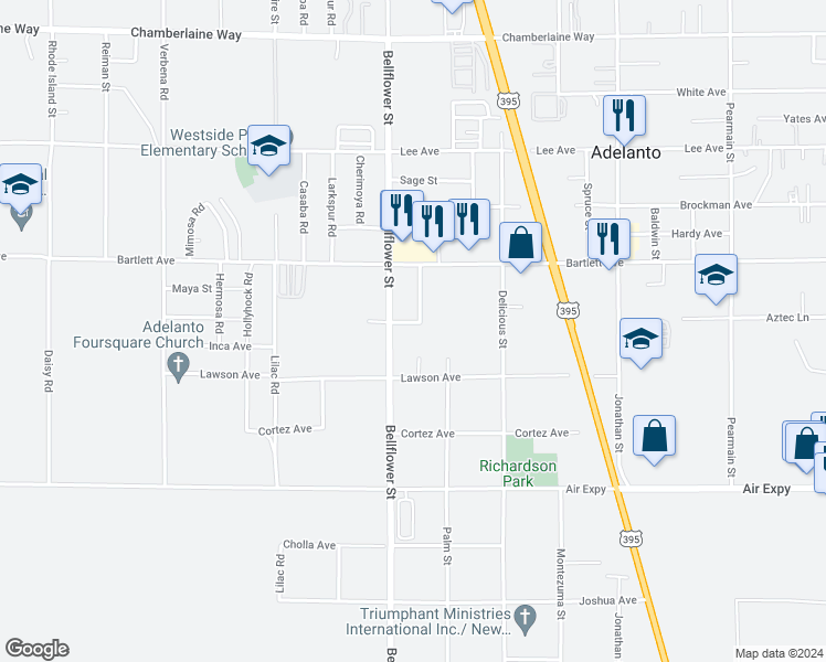 map of restaurants, bars, coffee shops, grocery stores, and more near 11305 Aztec Lane in Adelanto
