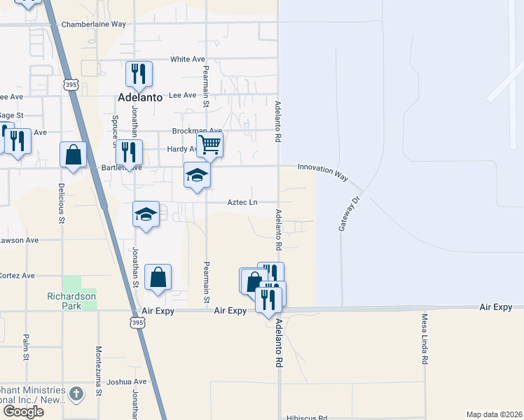 map of restaurants, bars, coffee shops, grocery stores, and more near 12065 Aztec Lane in Adelanto