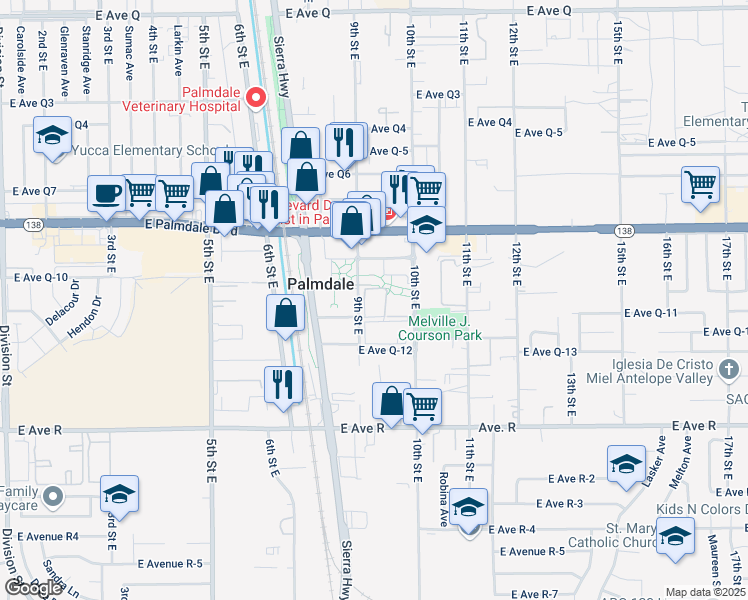 map of restaurants, bars, coffee shops, grocery stores, and more near 38235 East Avenue Q-11 in Palmdale