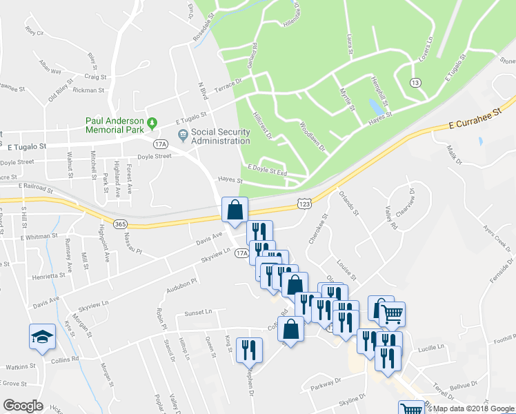 map of restaurants, bars, coffee shops, grocery stores, and more near 135 East Currahee Street in Toccoa