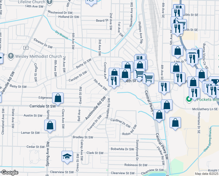 map of restaurants, bars, coffee shops, grocery stores, and more near 127 Austinville Road Southwest in Decatur