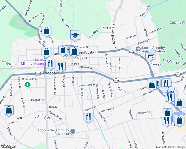 map of restaurants, bars, coffee shops, grocery stores, and more near 300-458 East Franklin Street in Toccoa