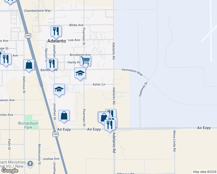 map of restaurants, bars, coffee shops, grocery stores, and more near 12065 Aztec Lane in Adelanto