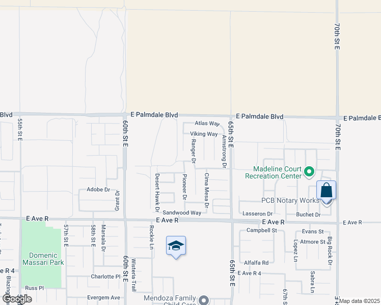 map of restaurants, bars, coffee shops, grocery stores, and more near 38259 Ranger Drive in Palmdale