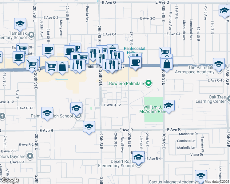 map of restaurants, bars, coffee shops, grocery stores, and more near 2553 Sparkling Water Court in Palmdale