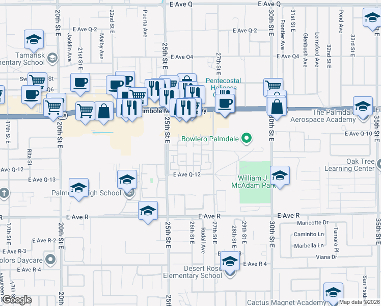 map of restaurants, bars, coffee shops, grocery stores, and more near 2562 Kenwood Court in Palmdale