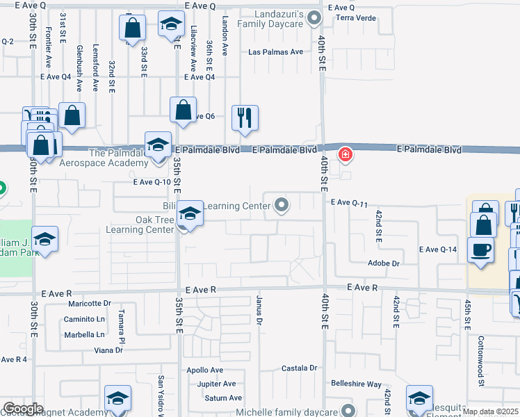 map of restaurants, bars, coffee shops, grocery stores, and more near 38223 Bee Court in Palmdale